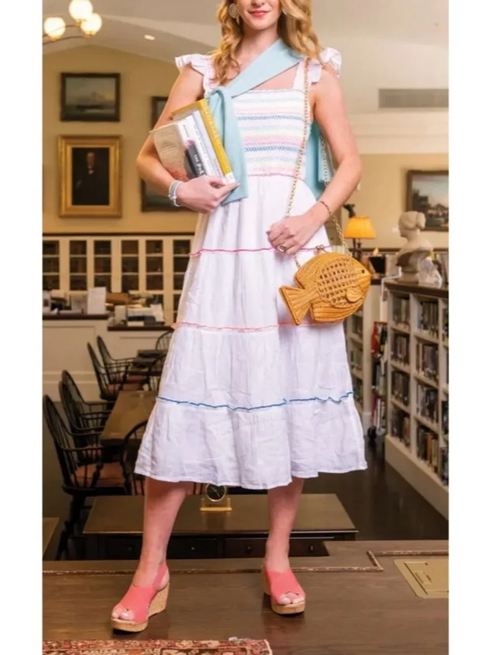 Vineyard Vines Flutter Sleeve Smocked Tiered Linen Midi Dress White Sz XL - Picture 2 of 9